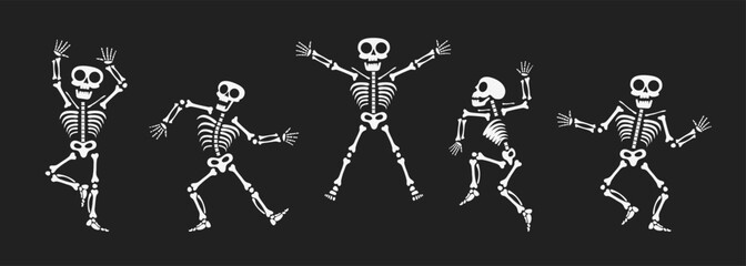 Skeletons dancing with different positions flat style design vector illustration set. Funny dancing Halloween or Day of the dead skeletons collection. Creepy, scary human bones characters silhouettes.