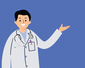 male doctor uniform cartoon character pointing at empty space for medical healthcare presentation