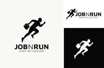 Businessman Silhouette Running Fast, Sprint Athlete bring office briefcase bag for Job Run Business Logo design