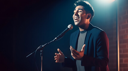 Man on Stand up comedy stage microphone background brick wall. Concept open mic for monologue. Generation AI.