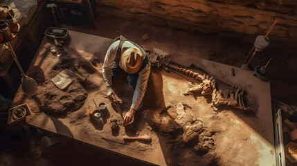 Archeologists discover fossil, excavation digging site concept. Archeolog man working on Paleontologist cleaning skeleton dinosaur tyrannosaurus, top view. Generation AI - obrazy, fototapety, plakaty