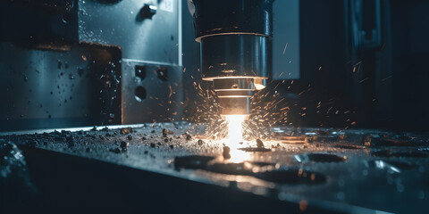 CNC turning drill milling factory processes steel turbine part process. Metal machine tools industry banner. Generation AI.