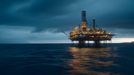 Offshore petroleum platform oil rig and gas at sea water sunset light. Generation AI