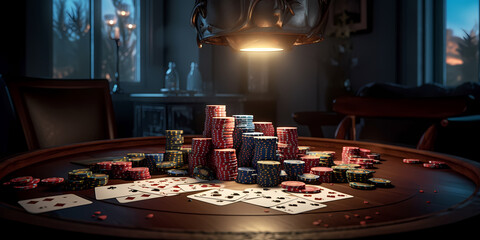 Game Poker background banner, chips on table. Generation AI.