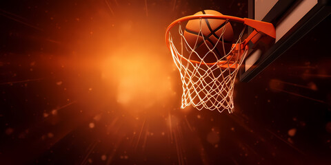 Banner sports tournament Basketball, ball on dark background court, copy space. Generation AI