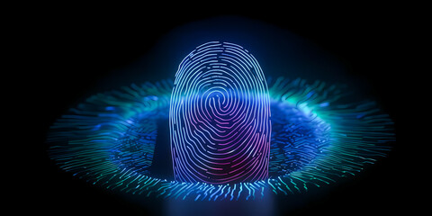 Security system with fingerprint on cyber technology neon background. Concept Protect personal data. Generation AI.