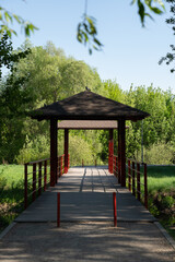 Wooden bridge through river in summer park.