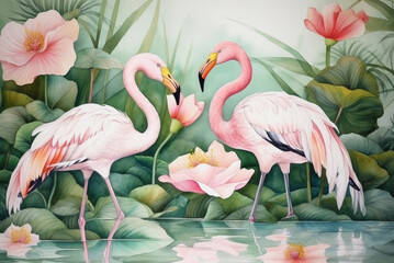 Watercolor decorative painting of two flamingo
