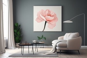 Modern interior of comfortable room with painting pink rose