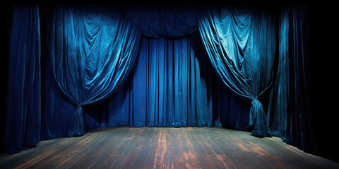 Blue stage curtain on wooden floor. Generative AI