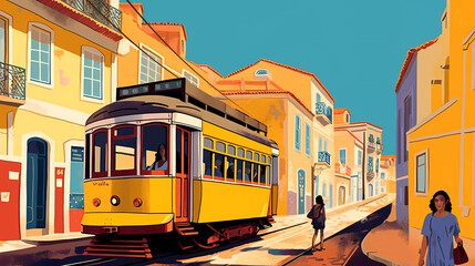 Naklejka na ściany i meble Illustration of a portuguese city with a tram, Portugal