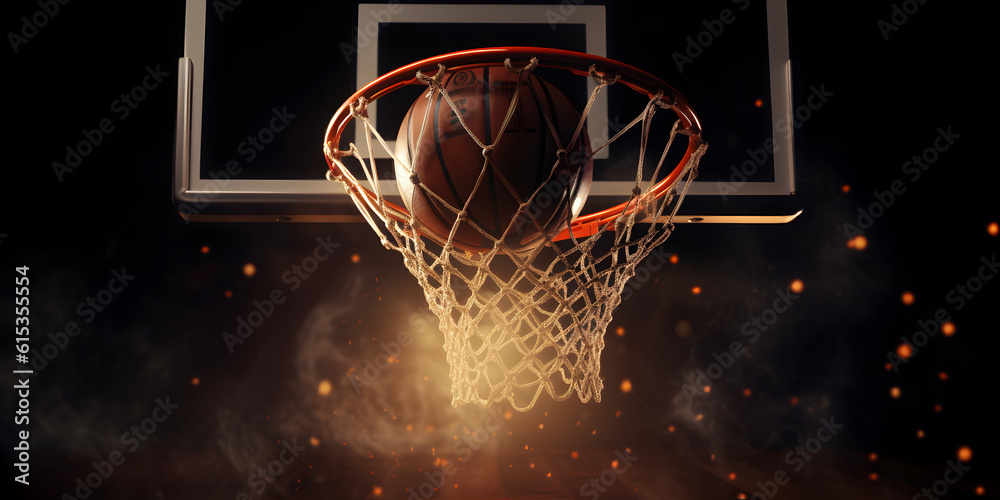 Wall mural Banner sports tournament Basketball, ball on dark background court, copy space. Generation AI