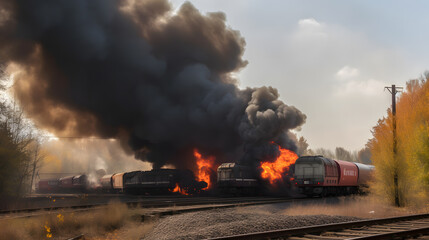 Wagons freight train carrying hazardous substances derailed, tanks burning fire with pesticides. Concept technogenic disaster. Generation AI.