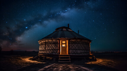 Obraz premium Yurt National old house of peoples of Kyrgyzstan and Asian countries. Ail camp night sky with stars. Generation AI