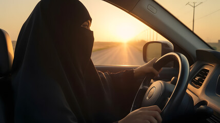 Islam female is driver. Arabic Muslim women driving car, sunset light. AI generation