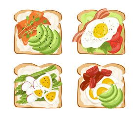Breakfast toasts top view set. Fried bread with vegetables, meat and egg, salad. Healthy eating and proper nutrition. Morning menu. Cartoon flat vector collection isolated on white background