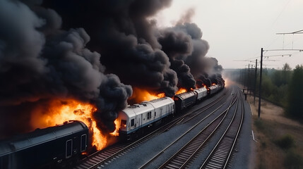Fototapeta na wymiar Wagons freight train carrying hazardous substances derailed, tanks burning fire with pesticides. Concept technogenic disaster. Generation AI.