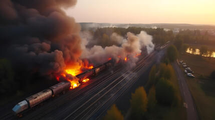 Wagons freight train carrying hazardous substances derailed, tanks burning fire with pesticides. Concept technogenic disaster. Generation AI. - obrazy, fototapety, plakaty