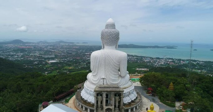 Aerial landscape view ,The Big Buddha or Phra Phuttha Ming Mongkhon Aknakakhiri, the big white Buddha statue on the top of the mountain, Phuket, Thailand landmark.