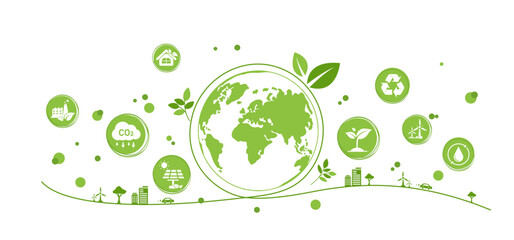World environment and sustainable development concept with ecology doodle icons in gear, vector environment, eco friendly, green technology and ecology symbols. isolated vector in flat style - obrazy, fototapety, plakaty