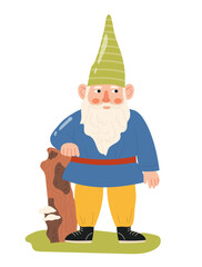 Cute garden gnome sticker concept. Fictional character with tree. Imagination and fantasy. Dwarf from mythology. Sticker for social networks and messengers. Cartoon flat vector illustration