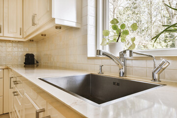 a kitchen sink and some plants in the window sier, with white tiles on the wall to the right