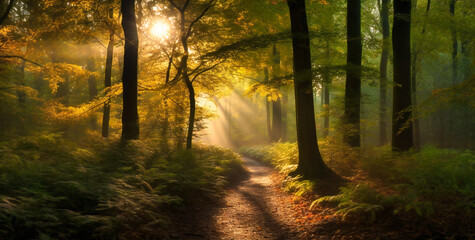 Fototapeta na wymiar beautiful morning light streaming through trees