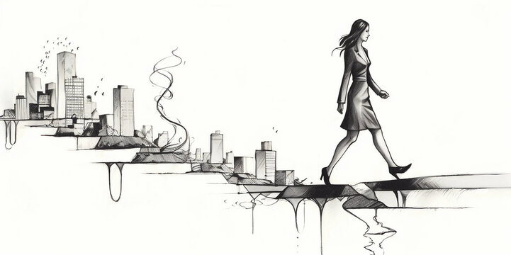 A Sketch of a Businesswoman Walking Away From a City Generative AI