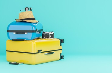 Yellow and blue suitcase with travel accessories on light blue background. Summer travel concept.,3d model and illustration.