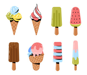 Set of sweet ice creams. Dessert and delicacy for summer season. Frozen and tasty food, eating. Waffle cone and stick with topping. Cartoon flat vector collection isolated on white background