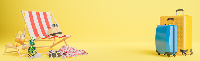 Yellow and blue suitcase with beach chair and travel accessories on yellow background. Summer travel concept.,3d model and illustration.