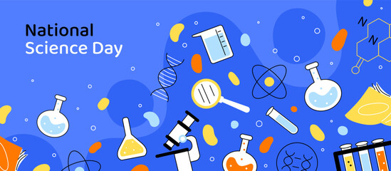 National science day banner. International holiday and festival. Laboratory inventory and chemical experiment. Gene and test tubes, microscope and magnifying glass. Cartoon flat vector illustration