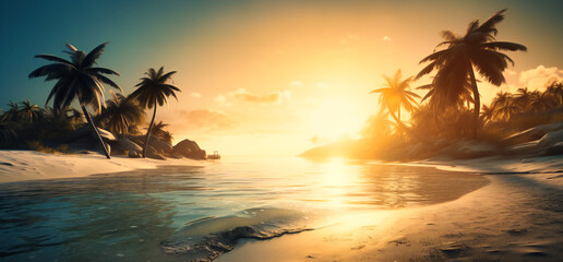 Fototapeta na wymiar smooth sea background palm trees with sun setting sunlight on white beach