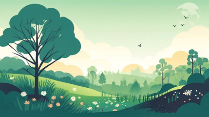 Digital illustration of summer spring nature landscape. Valley with green meadows flowers trees blue sky with white clouds. Panoramic view. Long banner with copy space