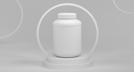 Plastic jar for sport nutrition on cylinder podium with step on monochrome