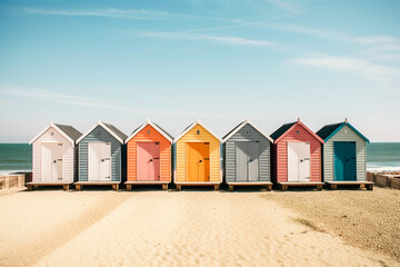 Fototapeta na wymiar Row of multicolored wooden beach huts sand blue sky. Summer vacation relaxation concept. Ai generated