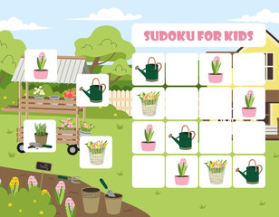 Fototapeta na wymiar Sudoku for kids game concept. Watering cans and flowers. Educational material, development of logical thinking and mindfulness. Gardening and agriculture. Cartoon flat vector illustration