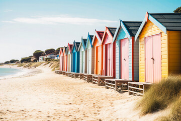 Row of multicolored wooden beach huts sand blue sky. Summer vacation relaxation concept. Ai generated