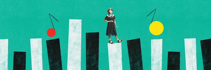 Girl, teenager in vintage style clothes standing on piano keys over green background. Classical...