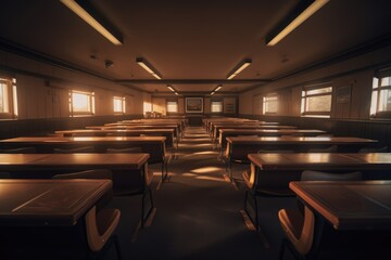 A classroom with neat rows of tables and chairs.