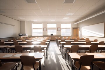 Fototapeta premium A classroom with neat rows of tables and chairs.