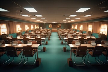A classroom with neat rows of tables and chairs.