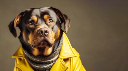 Cool rottweiler in yellow leather jacket and knit scarf on brown background. Creative funny banner template for urban fashion sale grooming service concept. AI generated