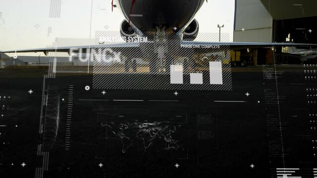 Animation of interface with data processing against airplane at an airport