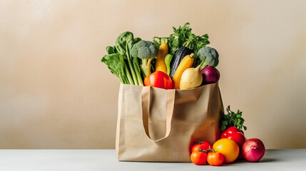 Cotton tote bag with fresh local produce bell pepper carrots celery broccoli garlic tomatoes leafy greens. Organic bio produce plant based healthy diet