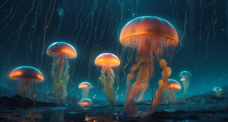 a group of jellyfish underwater in the dark with a light