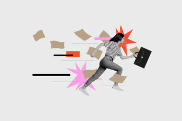 Creative magazine template collage of lady with handbag run fast oversleep morning late for briefing