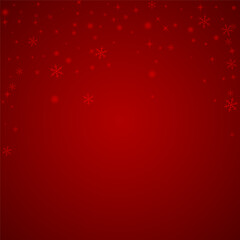 Snowfall overlay christmas background. Subtle flying snow flakes and stars on christmas red background. Festive snowfall overlay. Square vector illustration.