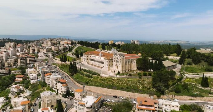 Aerial Panoramic View Of The Basilica of Jesus the Adolescent And Don Bosco Nazareth In Israel. 
