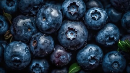 Blueberry background abstract texture, closeup photo with water drops 